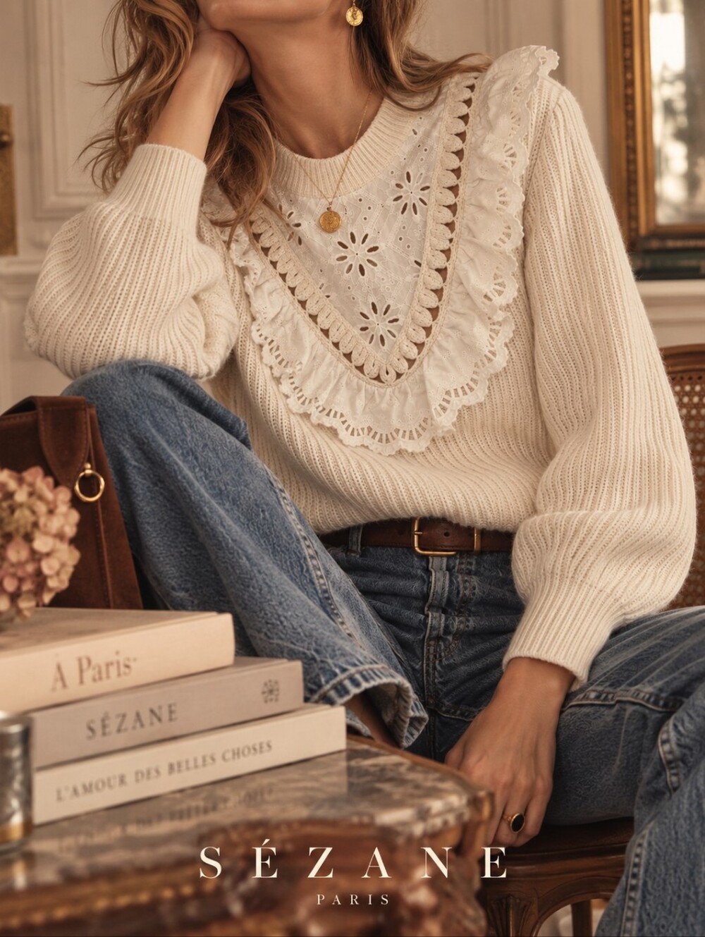 Sézane La Maille Cream Eyelet Lace Ruffle Bib Knit Sweater Size M